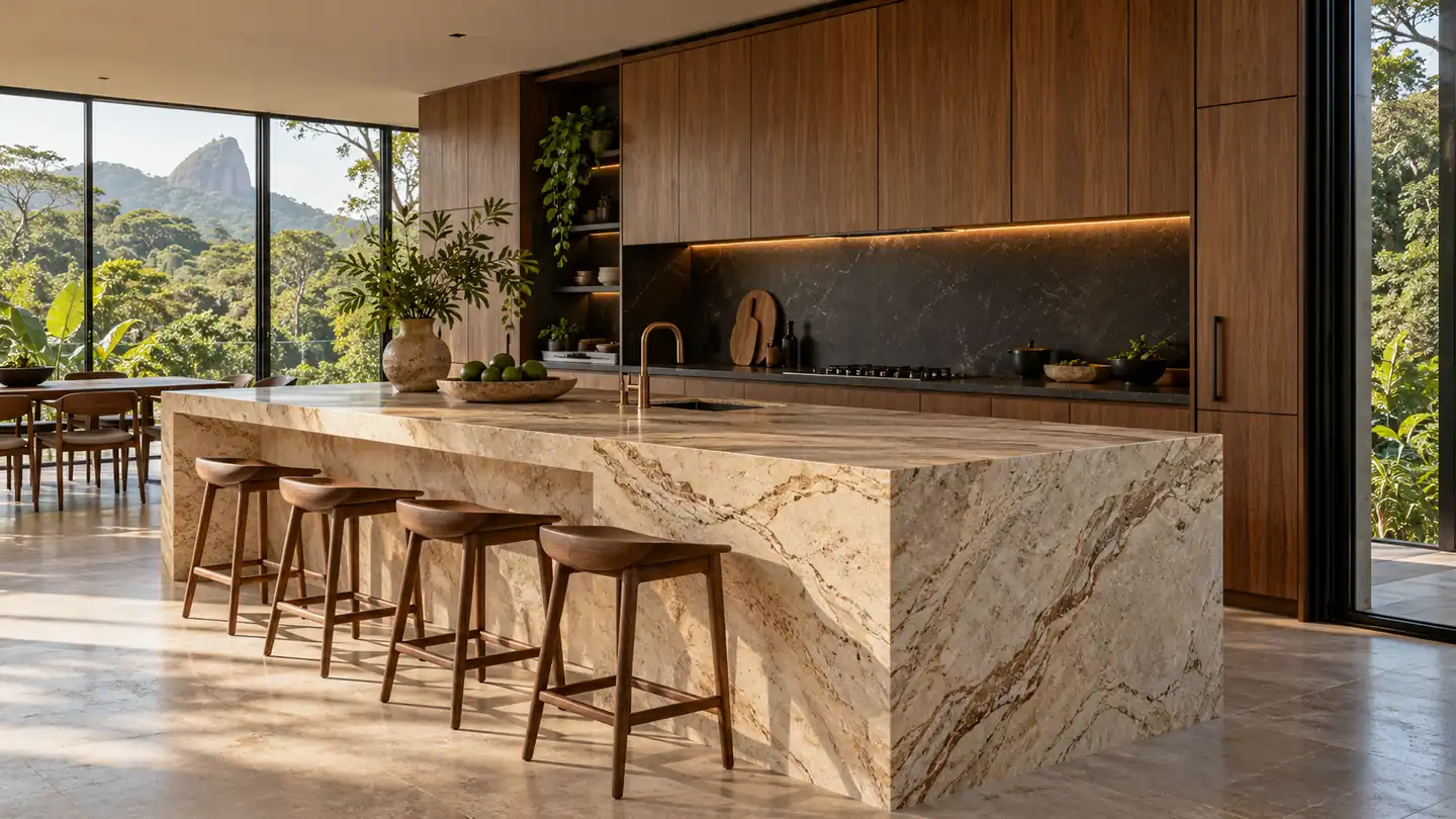 Cozinha ilustrativa com bancada e ilha em pedra clara