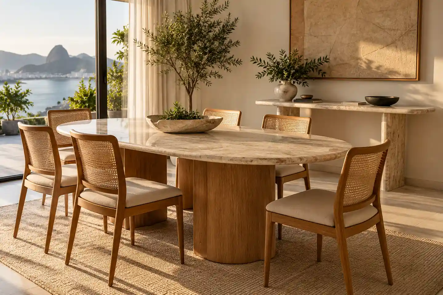 Ambiente ilustrativo com mesa e aparador com tampos em pedra natural