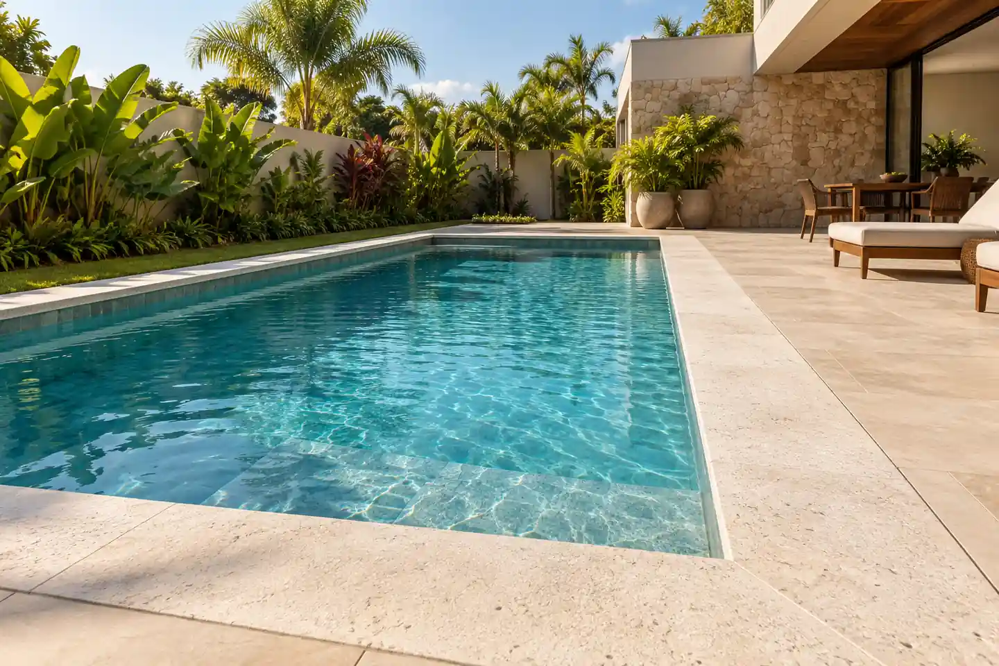 Piscina ilustrativa com borda e piso externo em pedra clara