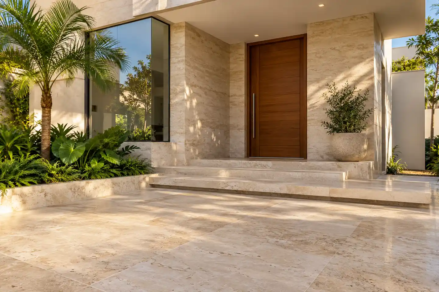 Fachada residencial ilustrativa com revestimento e piso em pedra natural